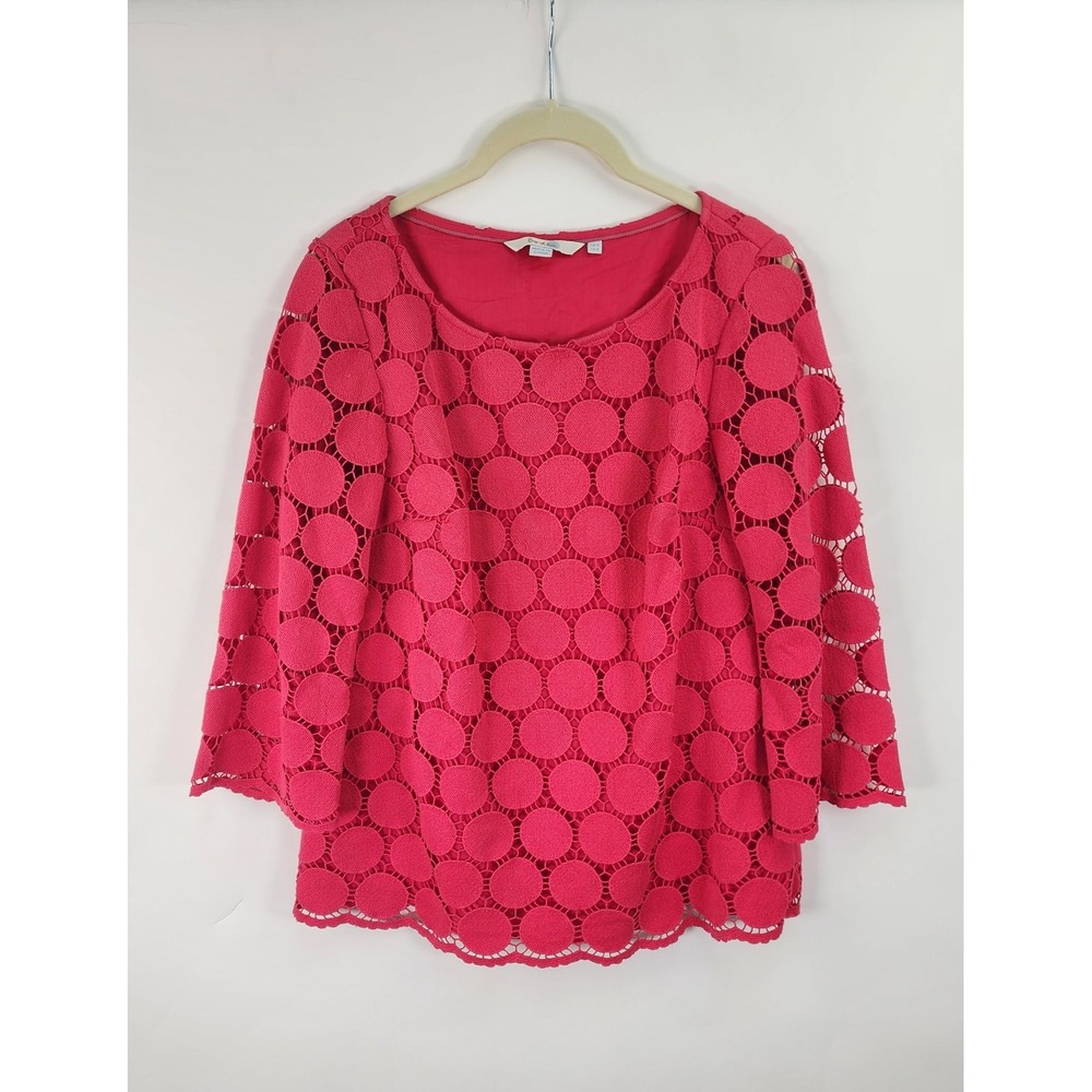 Boden Lace Dot Top Women's 4 Red Lined 3/4 Sleeve Scallop Hemline